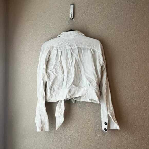 Free People Sunstreak Cropped Blouse XS Button Down Long Sleeve Tie Waist Gauze - Picture 3 of 5